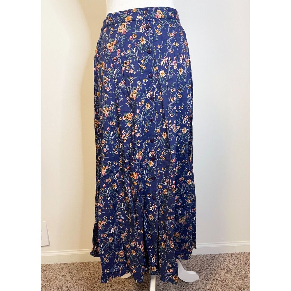Vintage At Last & Co Floral Button Front Midi Maxi Skirt Cottagecore Boho Size M